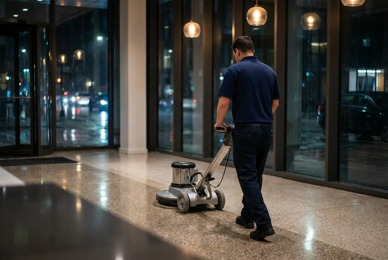 Floor care technician burnishing a polished terrazzo lobby floor at night