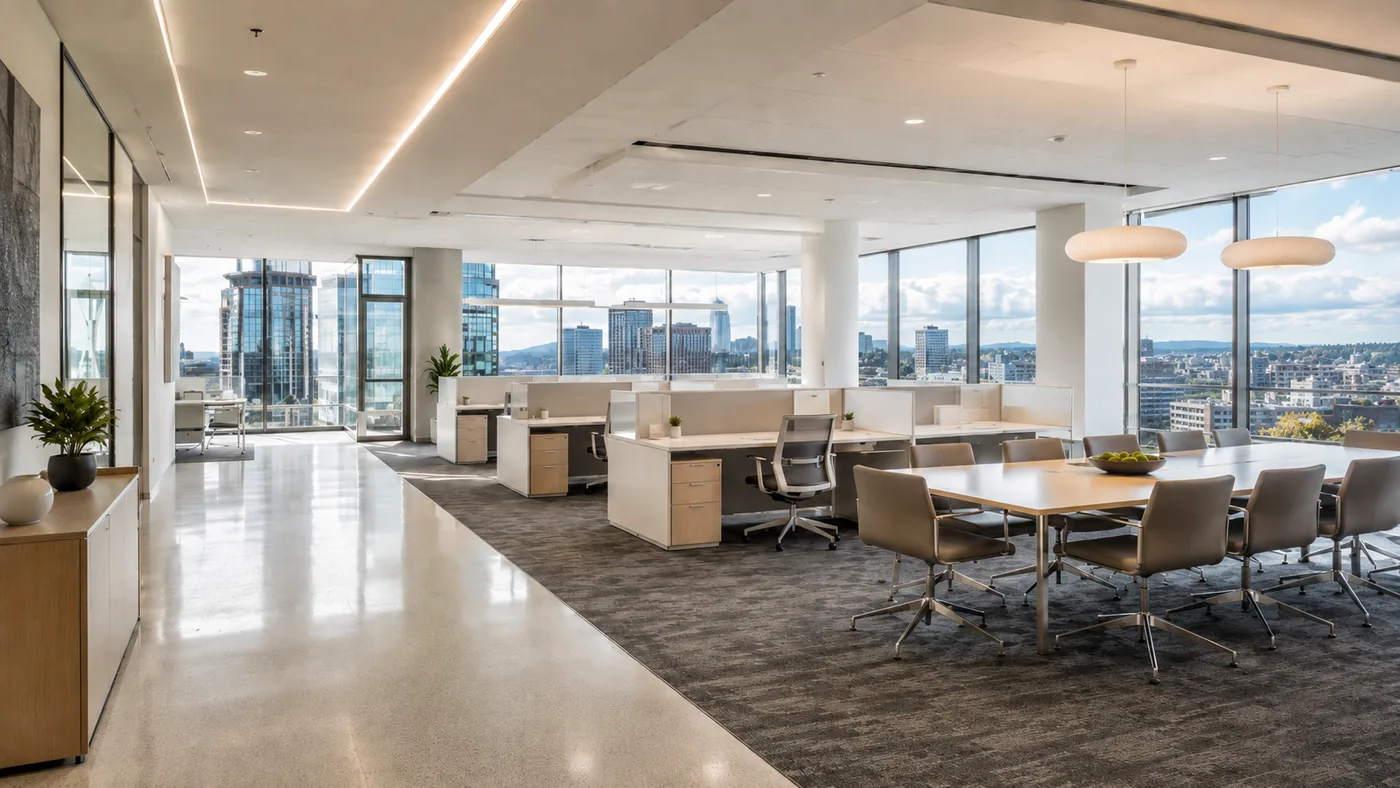 Bright, spotless open office with a conference table and city views