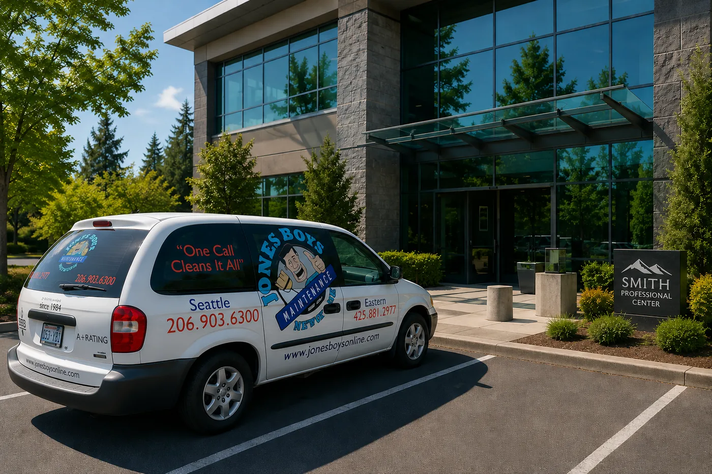 The Jones Boys Maintenance van parked outside a modern office building