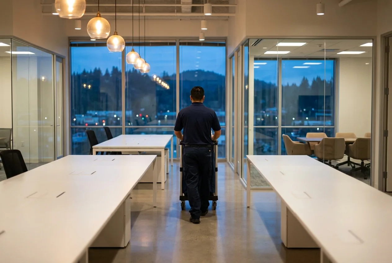 A janitorial professional rolling a cart through a tidy open office at twilight