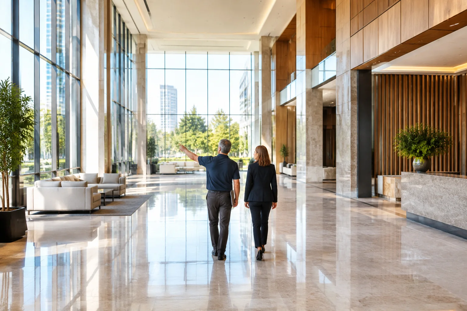 Two people seen from behind walking through a bright, spotless office lobby during a walkthrough