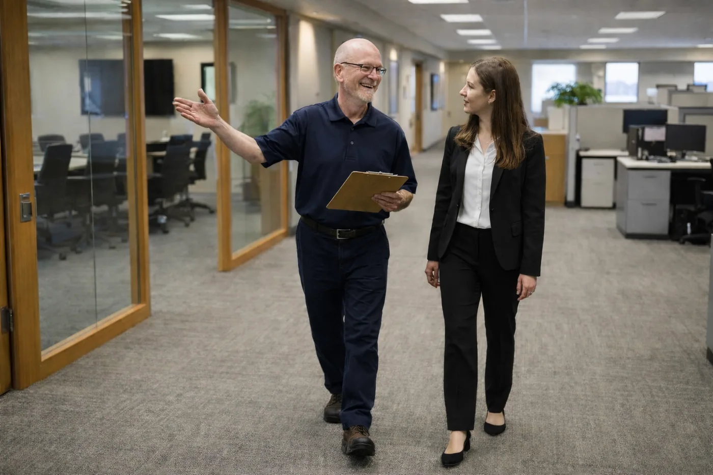 A Jones Boys representative walking a client through her office during a quality check